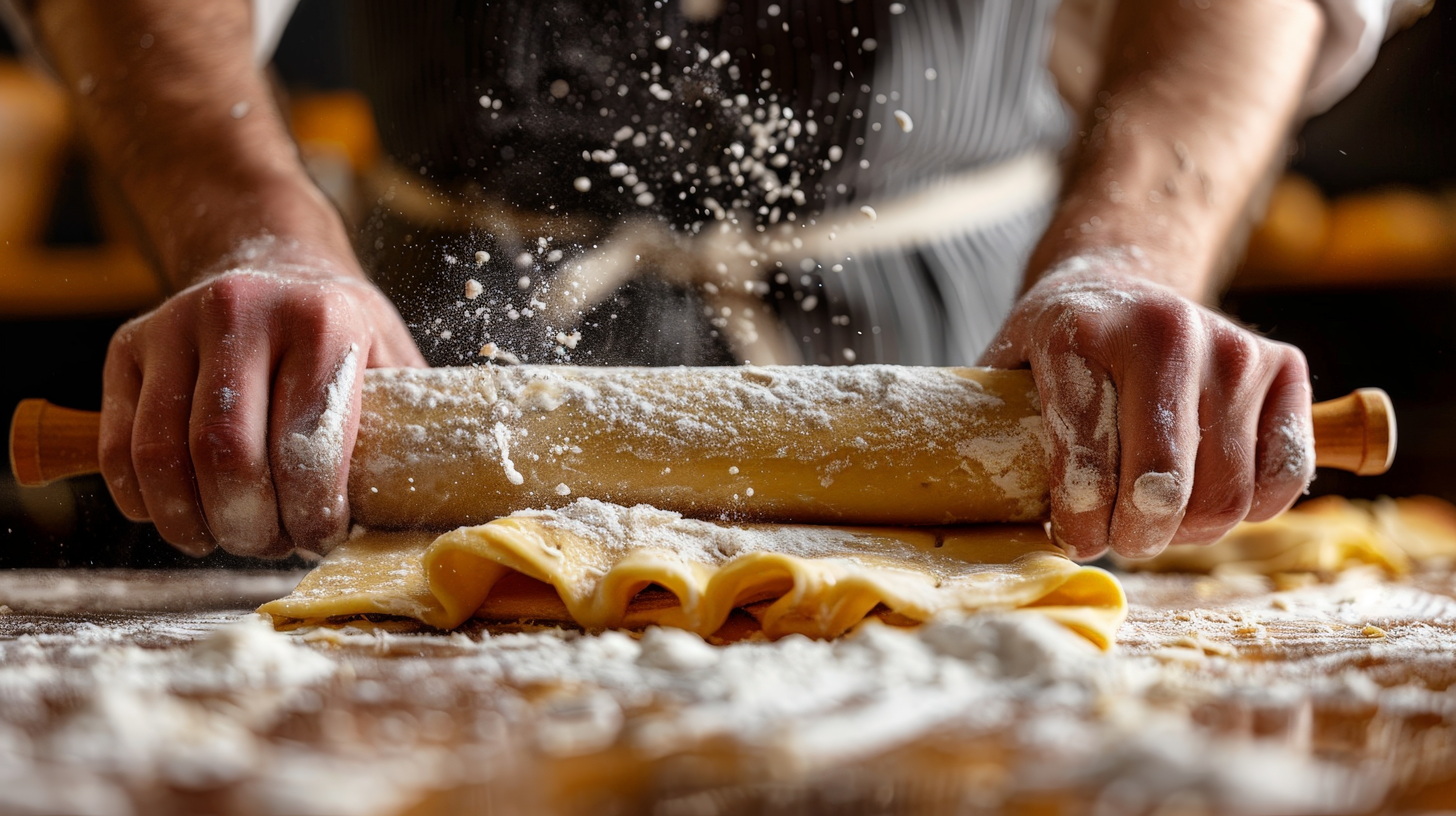 Traditional Baker Rolling Out Dough for Pie Making in Realistic Editorial Style