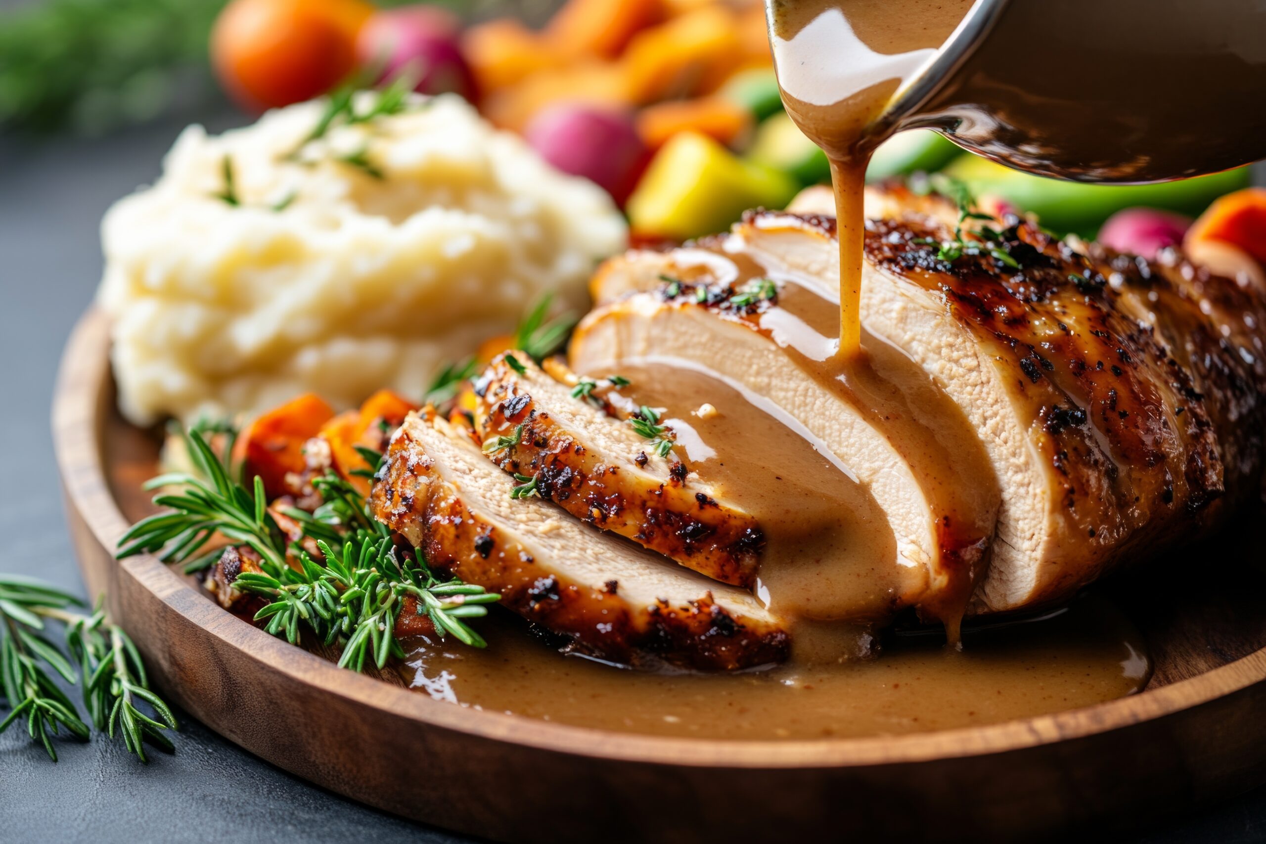 A luscious golden-brown gravy cascades over succulent slices of turkey on a wooden platter. The meal is beautifully complemented by vibrant vegetables and creamy mashed potatoes, creating a hearty and inviting feast perfect for gatherings.