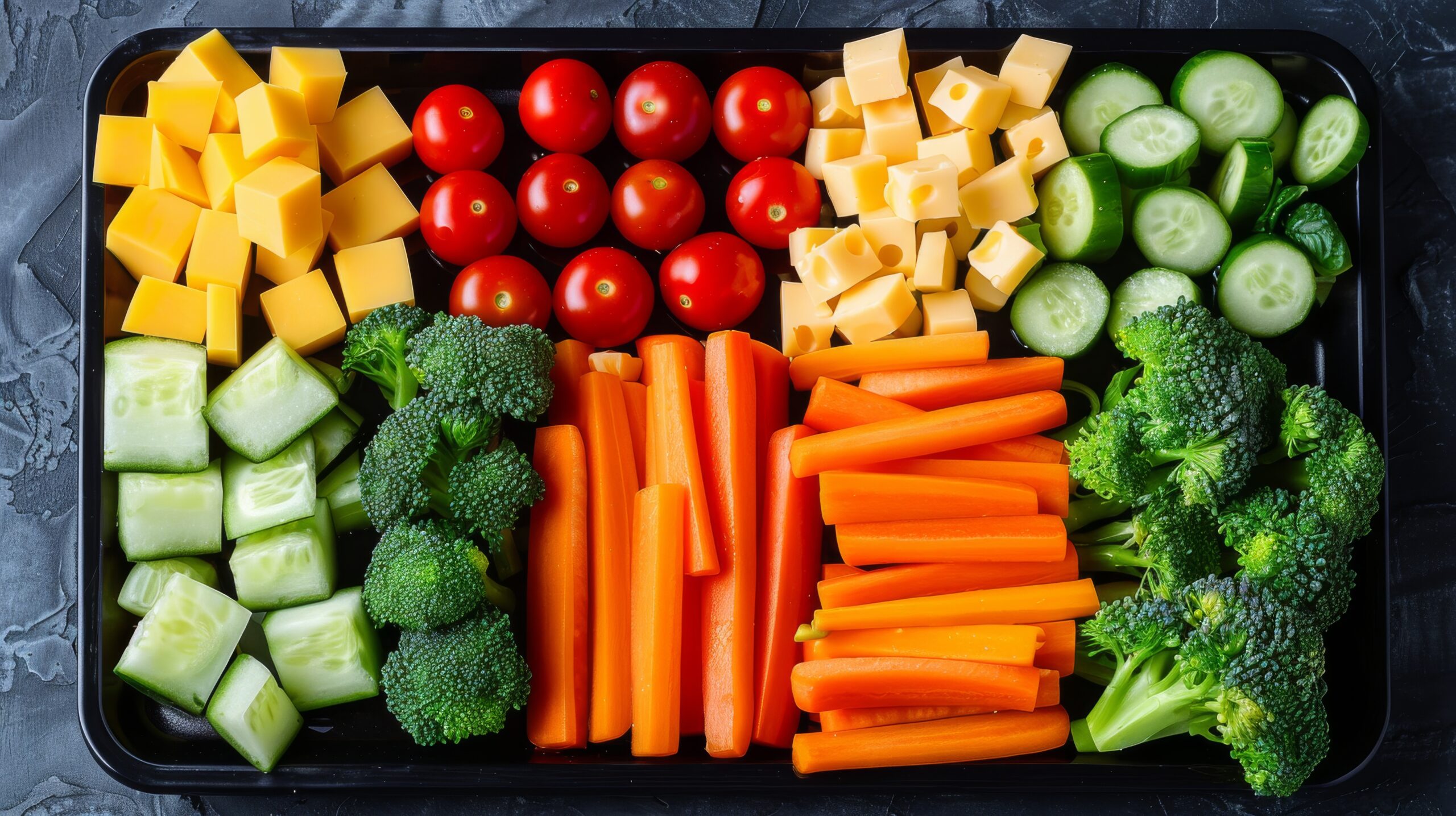 Vegetable and cheese platter with broccoli, carrots, cucumbers, cherry tomatoes, and cheese cubes on a dark background. Healthy snack and party food concept.