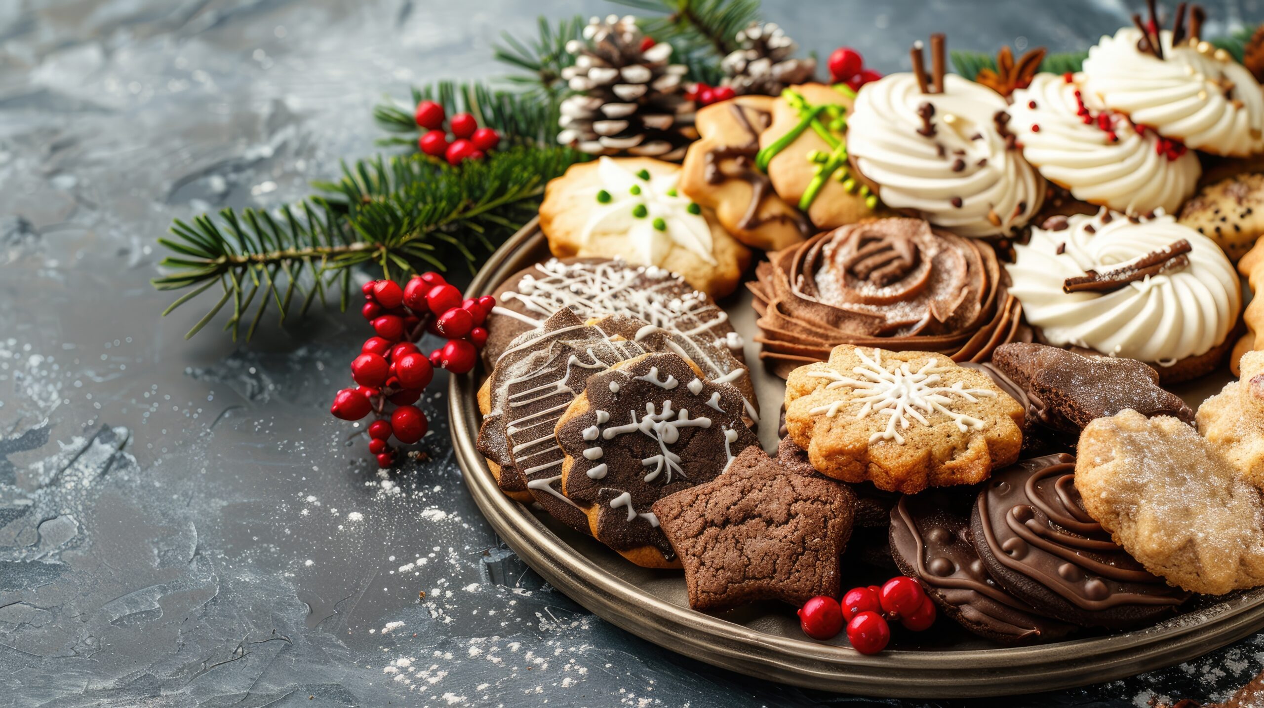 Assorted holiday cookies on festive tray with winter decorations