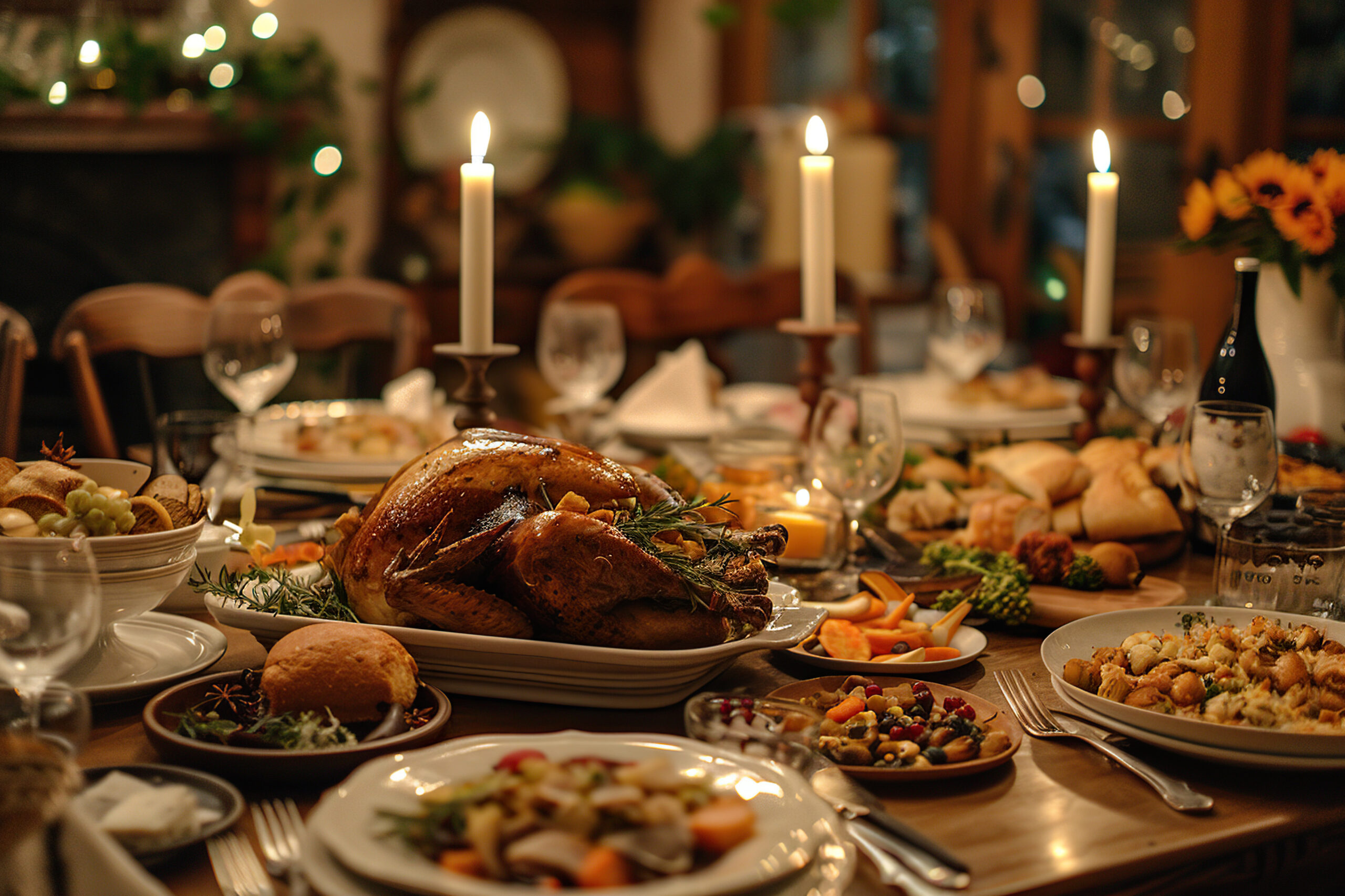 A festive table for the whole family with many dishes. Celebrating Thanksgiving Day.