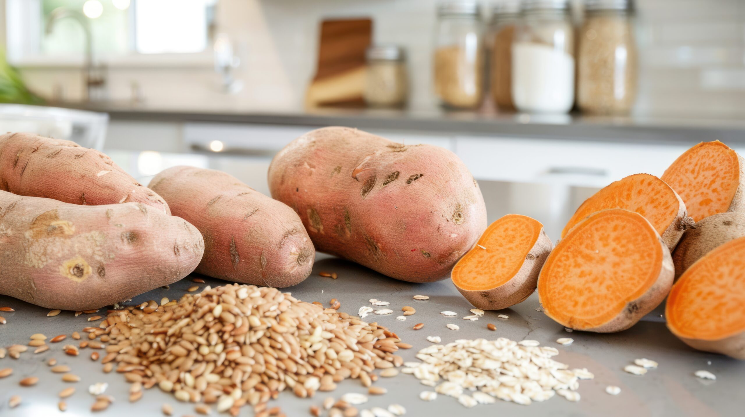 sweet potatoes, oats, and brown rice displayed on a kitchen countertop.